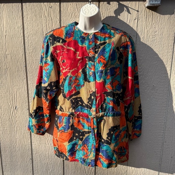 Rafaella Tops - Vintage Rafaella Women’s 100% Silk Abstract Colorful Button-Up Blouse Pockets S